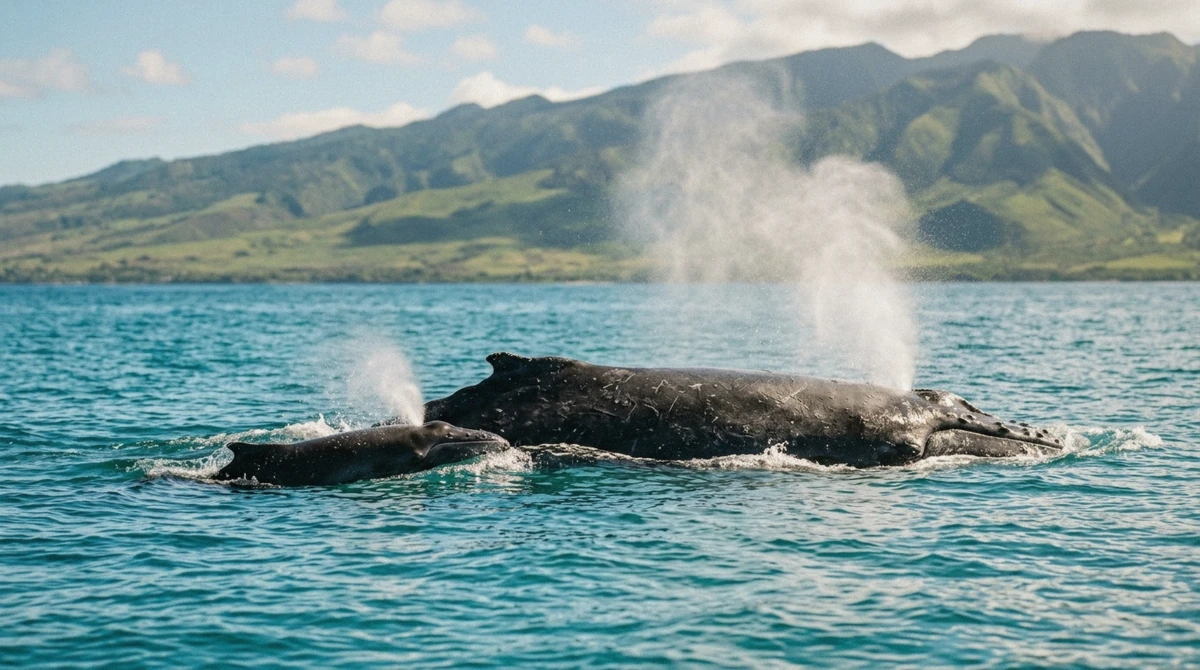 A humpback whale surfacing in Oahu waters during the winter migration season, Hawaii