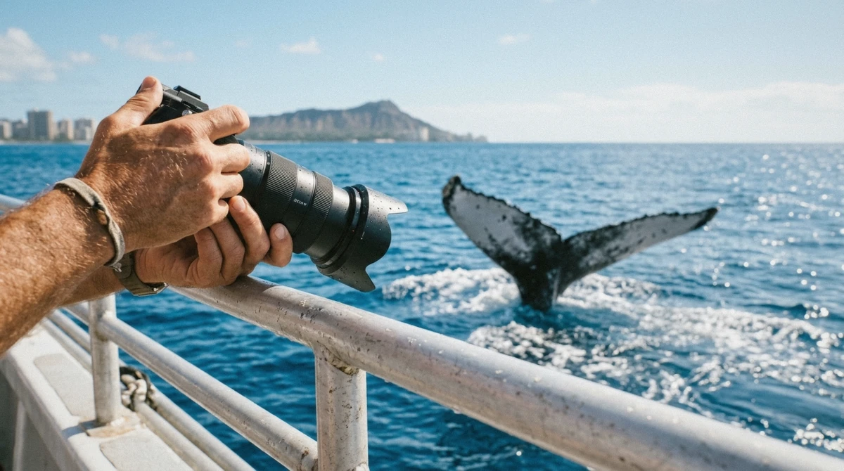 A passenger photographing a whale blow from the deck of an Oahu whale watching tour boat with Diamond Head in the background