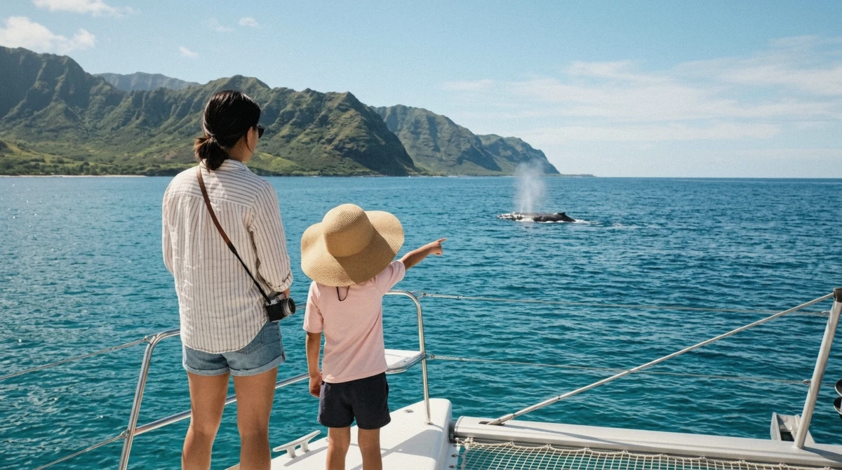 A family boarding a catamaran for an Oahu whale watching tour with kids at Kewalo Basin harbor