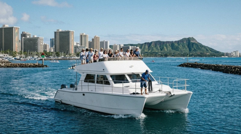 Catamaran leaving Kewalo Basin for a Waikiki whale watching tour on Oahu with Diamond Head behind, Honolulu, Hawaii