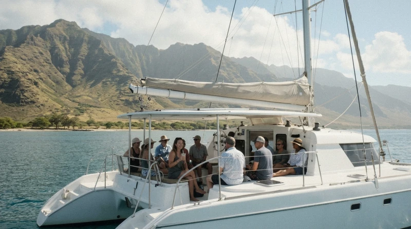 Catamaran sailing along the Waianae coast on a West Oahu whale watching tour with the mountain range behind, Hawaii