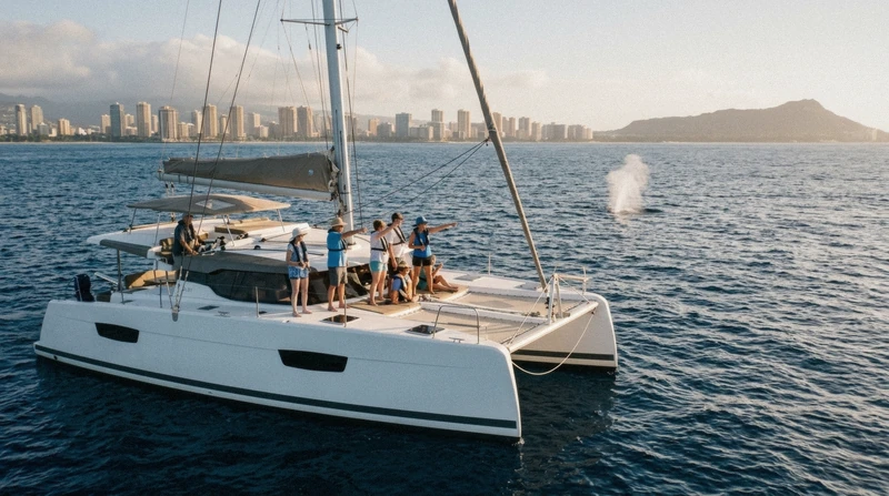 Catamaran off Waikiki on a deluxe Oahu whale watching tour with the Honolulu skyline behind, Hawaii